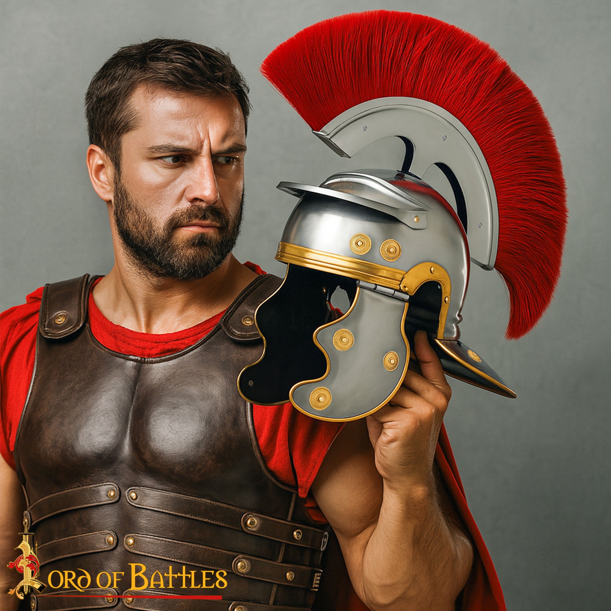Casco de Centurión Romano con Cresta Transversal Roja - Casco de Acero con Adornos de Latón para Larp, Disfraces y Exposiciones - Imagen 1