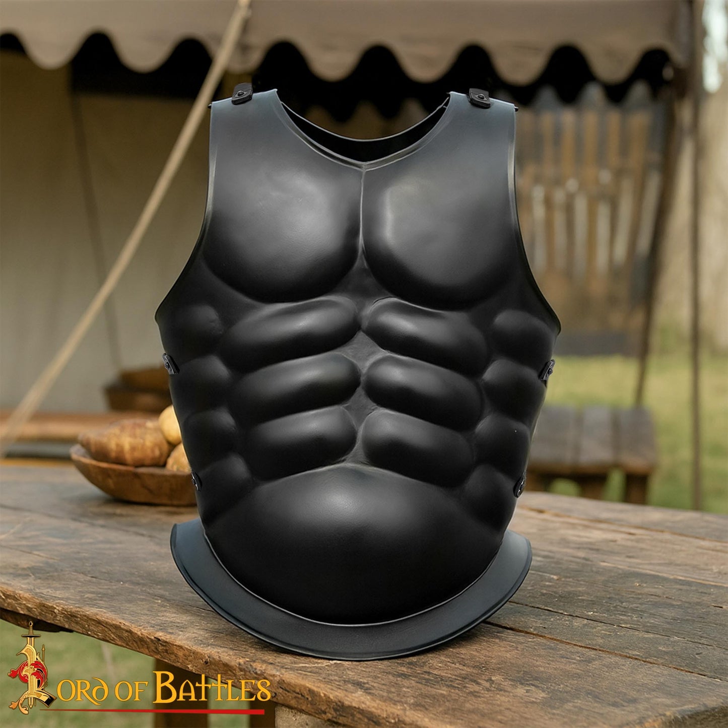 Coraza Muscular de Acero Negro Lorica Musculata - Armadura de Guerrero Romano y Griego - Imagen 1