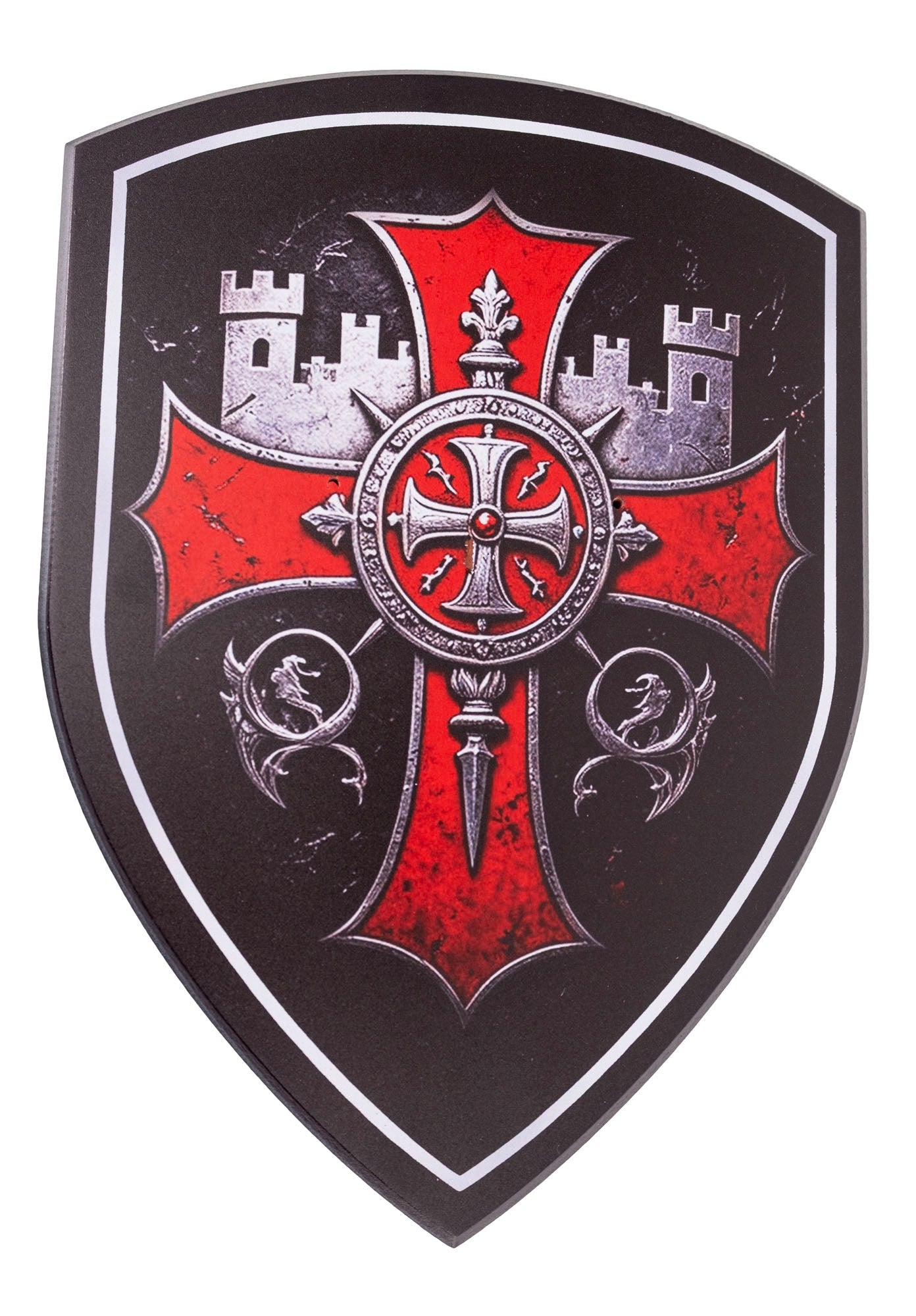 Soporte escudo templario negro con cruz roja y cuarteles heráldicos