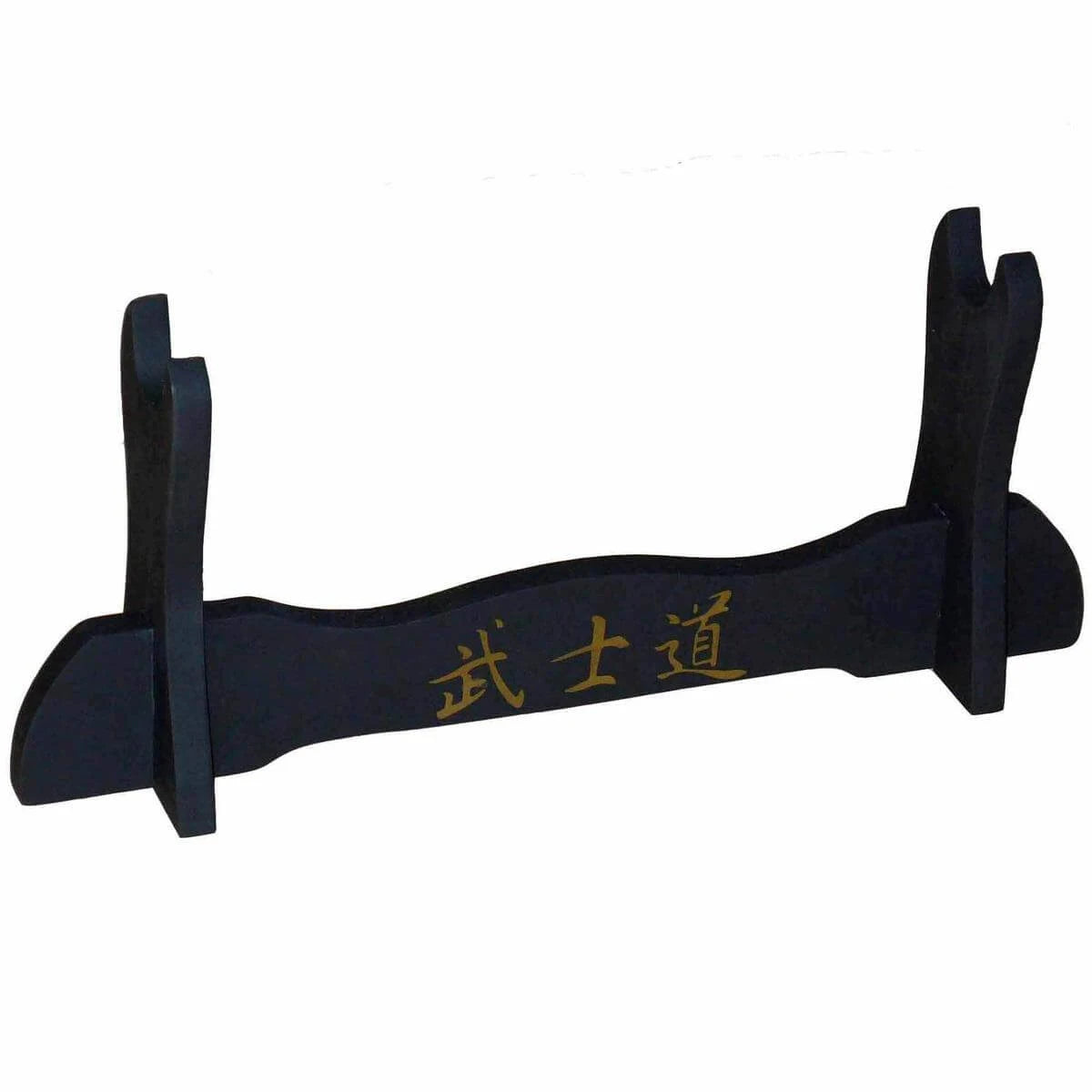 Soporte o peana en perspectiva para katana negro con detalles kanji en dorado para colocar tus katanas japonesas encima de una mesa. Vendido por Espadas y más