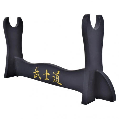 Soporte o peana de lado para katana negro con detalles kanji en dorado para colocar tus katanas japonesas encima de una mesa. Vendido por Espadas y más