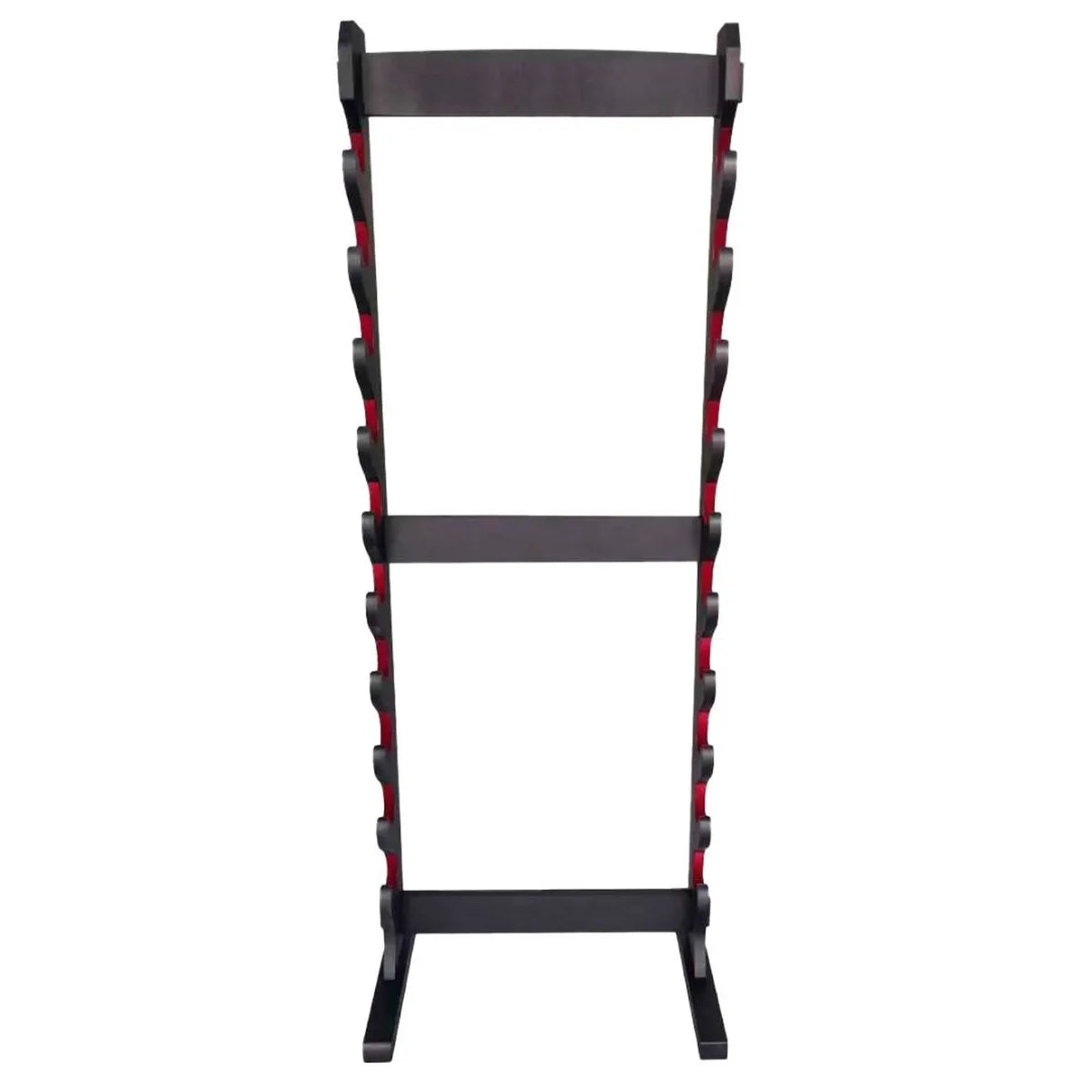 Soporte de Pie para Katanas en Madera Negra y Terciopelo Rojo – 10 o 24 Piezas