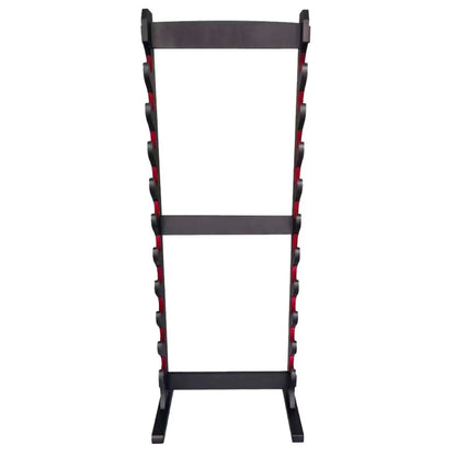 Soporte de Pie para Katanas en Madera Negra y Terciopelo Rojo – 10 o 24 Piezas