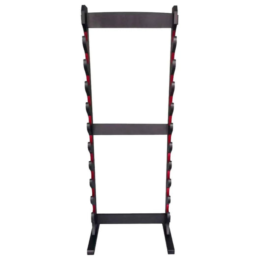 Soporte de Pie para Katanas en Madera Negra y Terciopelo Rojo – 10 o 24 Piezas