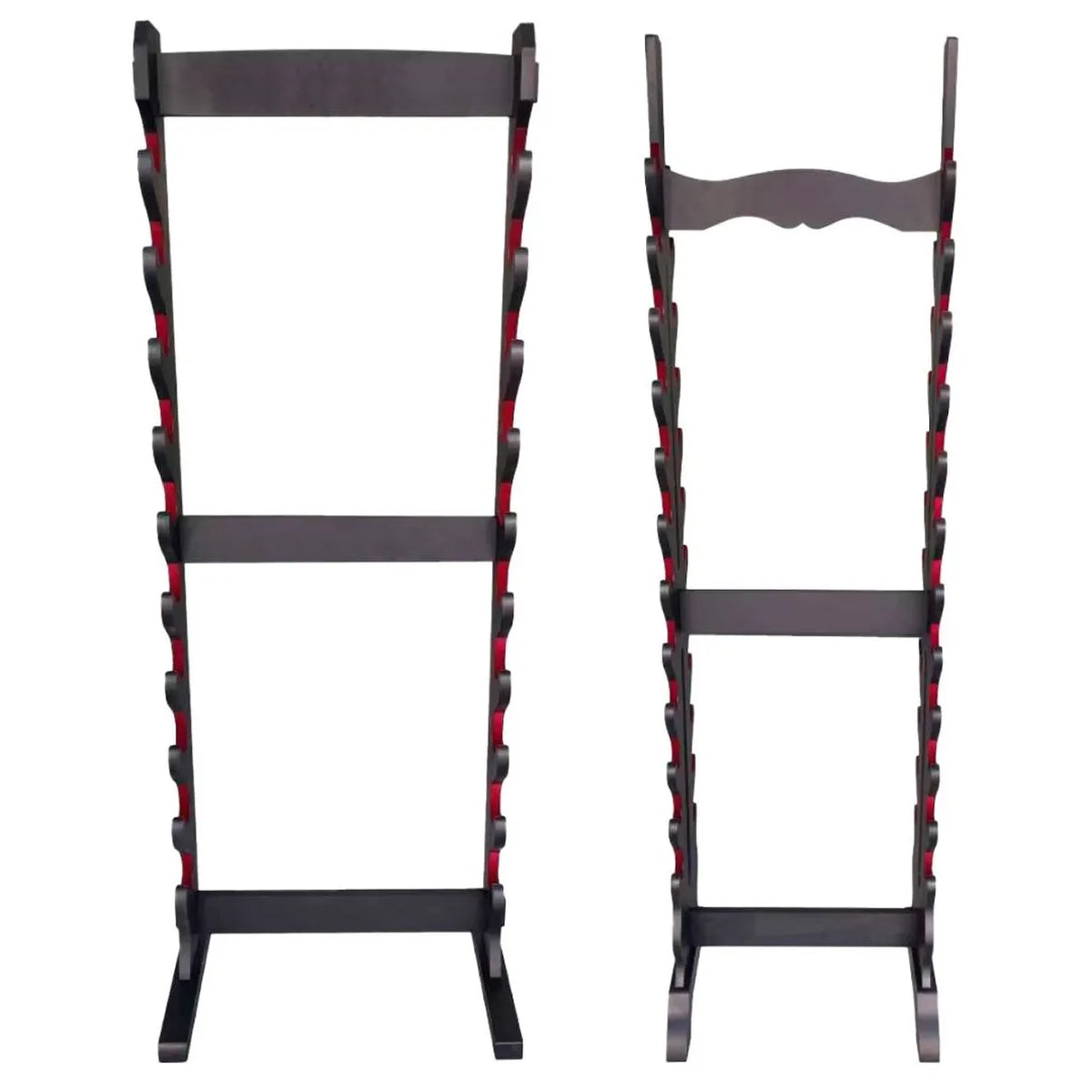 Soporte de Pie para Katanas en Madera Negra y Terciopelo Rojo – 10 o 24 Piezas
