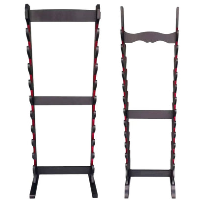 Soporte de Pie para Katanas en Madera Negra y Terciopelo Rojo – 10 o 24 Piezas