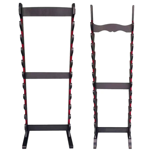Soporte de Pie para Katanas en Madera Negra y Terciopelo Rojo – 10 o 24 Piezas