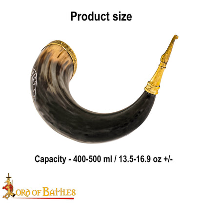 Cuerno Vikingo para Beber con Runa de Algiz - Cuerno de Buey Natural Pulido con Borde y Punta de Latón - Imagen 3
