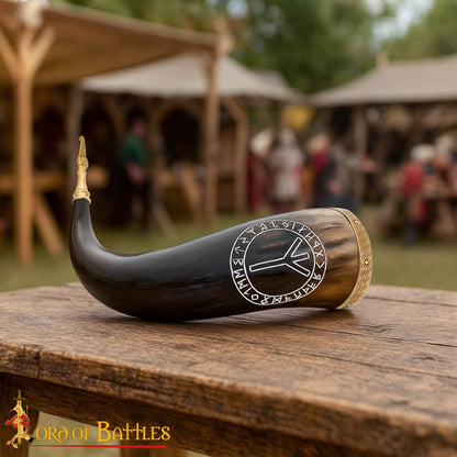 Cuerno Vikingo para Beber con Runa de Algiz - Cuerno de Buey Natural Pulido con Borde y Punta de Latón - Imagen 5