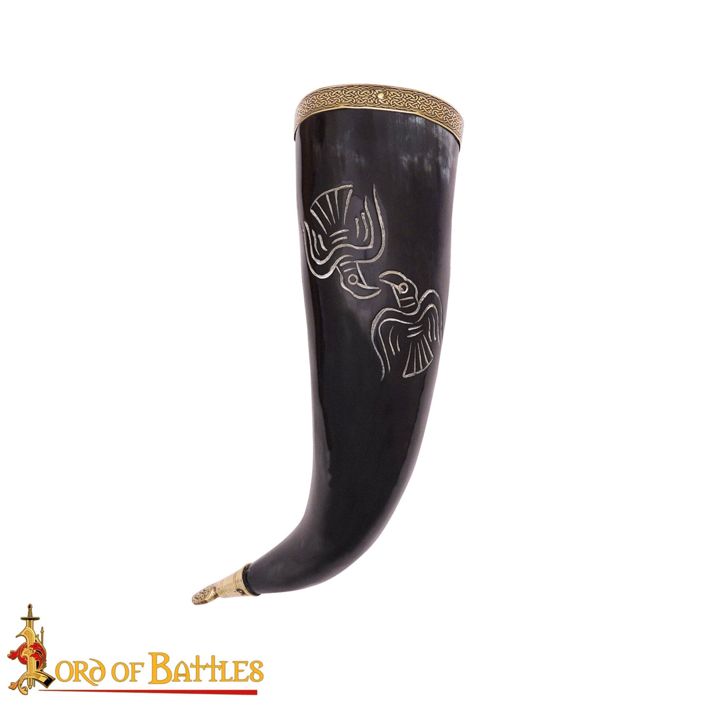 Cuerno para Beber Vikingo Grabado -cuerno de Buey Pulido con Borde y Punta de Latón | Motivo de Pájaro Nórdico - Imagen 3