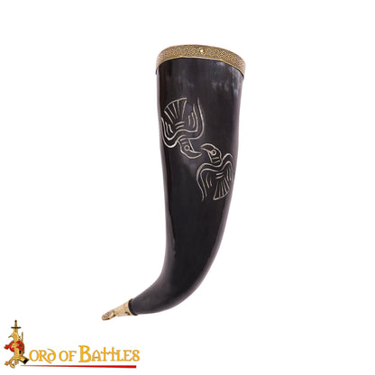 Cuerno para Beber Vikingo Grabado -cuerno de Buey Pulido con Borde y Punta de Latón | Motivo de Pájaro Nórdico - Imagen 3