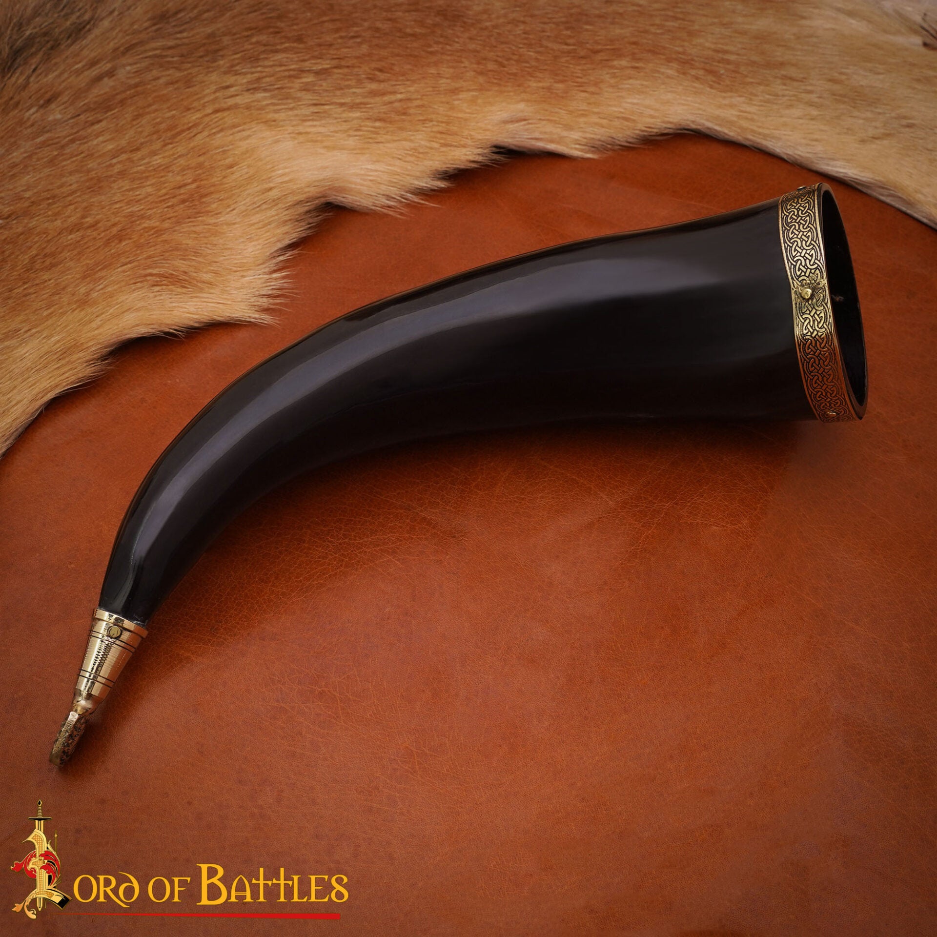 Cuerno para Beber Vikingo Grabado -cuerno de Buey Pulido con Borde y Punta de Latón | Motivo de Pájaro Nórdico - Imagen 6