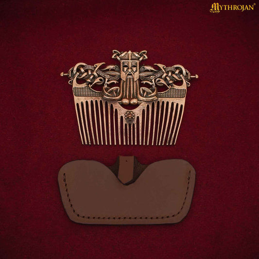 Peine para Barba Nórdico de Bronce con Funda de Cuero - Herramienta de Acicalamiento de Estilo Vikingo - Imagen 1