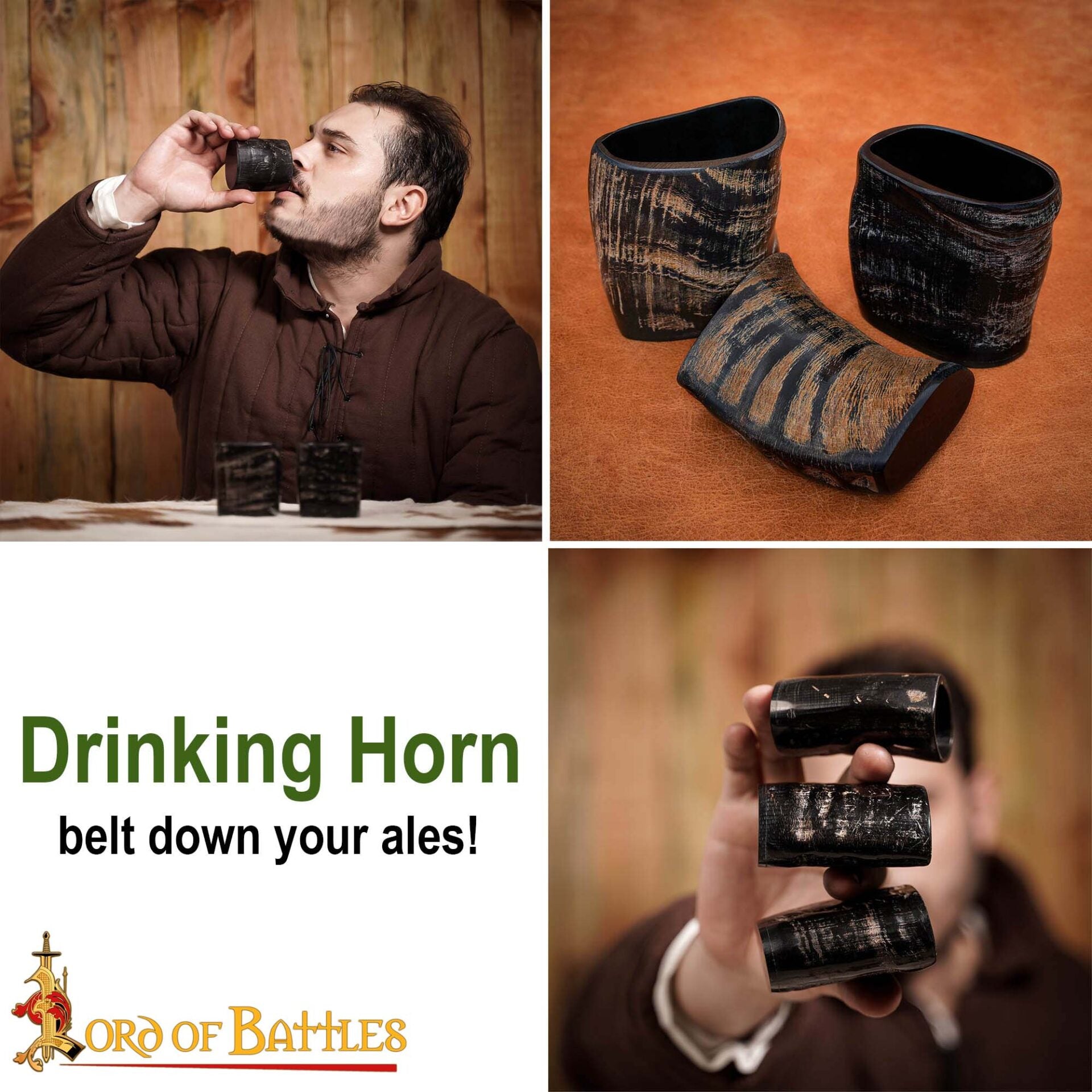 Set de 3 Vasos Medievales Vikingos de Cuerno de Búfalo Genuino Hechos a Mano - Imagen 7