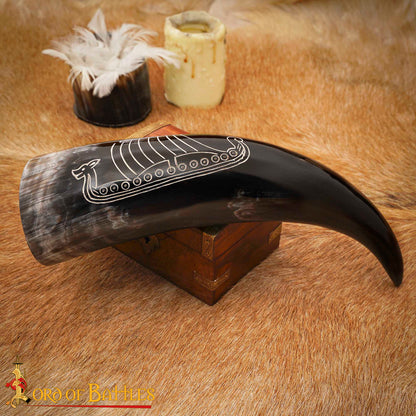 Cuerno Vikingo para Beber con Grabado Longship - Cuerno de Buey Natural Pulido, Mead Ale - Imagen 5
