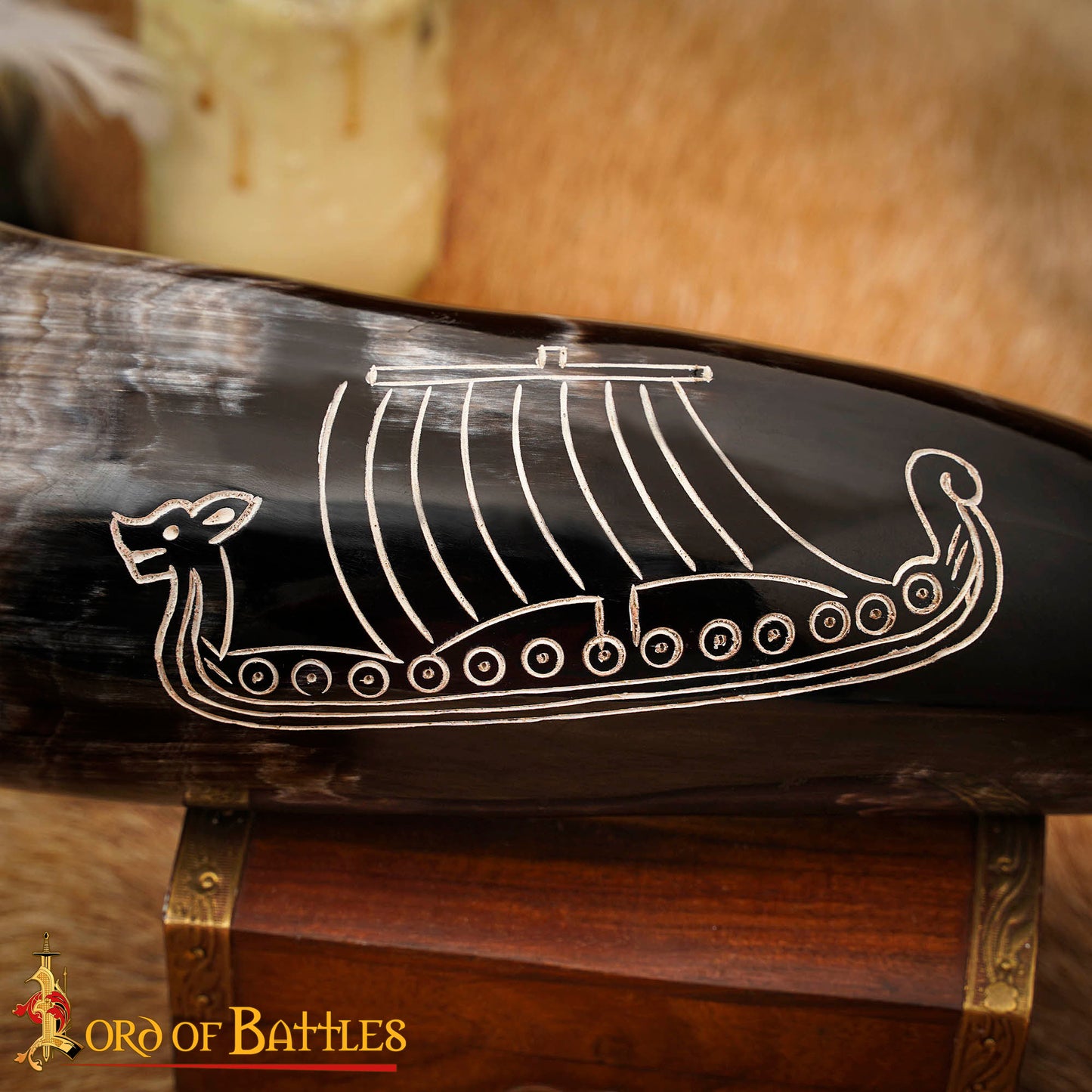 Cuerno Vikingo para Beber con Grabado Longship - Cuerno de Buey Natural Pulido, Mead Ale - Imagen 6