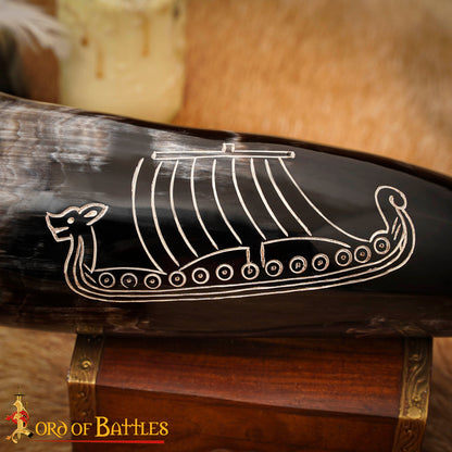 Cuerno Vikingo para Beber con Grabado Longship - Cuerno de Buey Natural Pulido, Mead Ale - Imagen 6