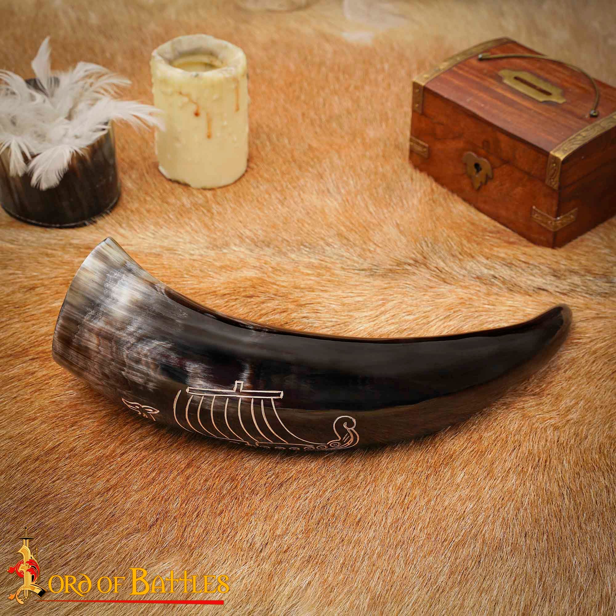 Cuerno Vikingo para Beber con Grabado Longship - Cuerno de Buey Natural Pulido, Mead Ale - Imagen 15
