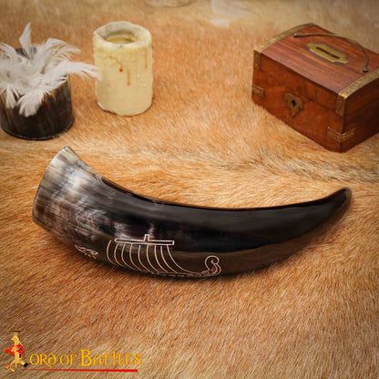 Cuerno Vikingo para Beber con Grabado Longship - Cuerno de Buey Natural Pulido, Mead Ale - Imagen 15