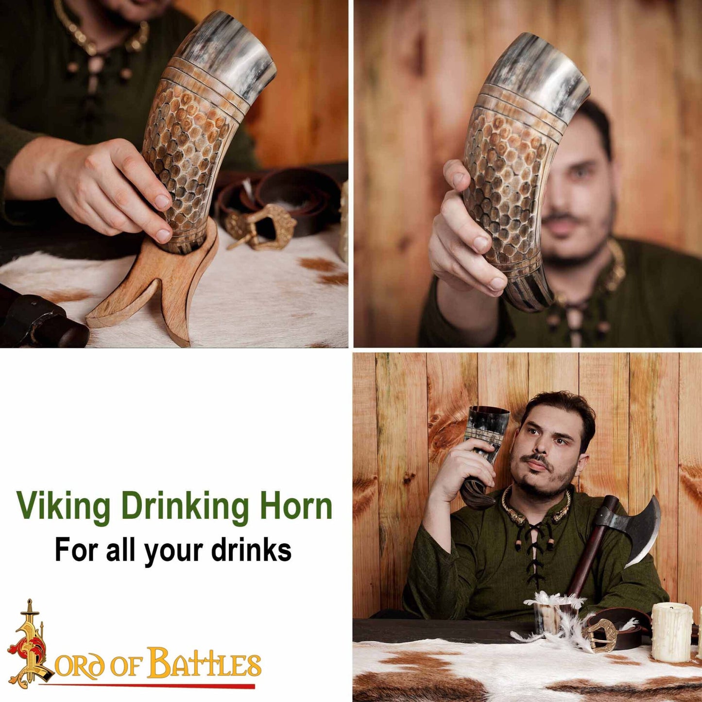 Cuerno para Beber Vikingo con Grabado en Forma de Panal, Cuerno de Buey Natural Hecho a Mano (500-600 Ml) - Imagen 7