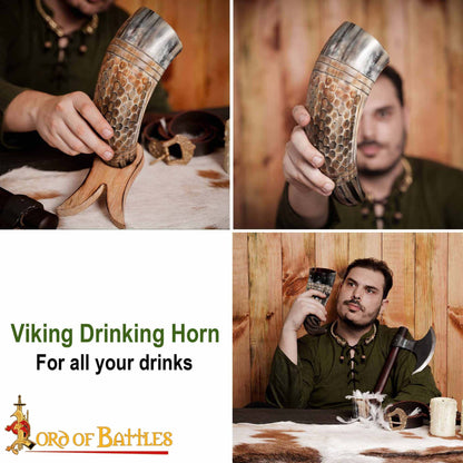 Cuerno para Beber Vikingo con Grabado en Forma de Panal, Cuerno de Buey Natural Hecho a Mano (500-600 Ml) - Imagen 7