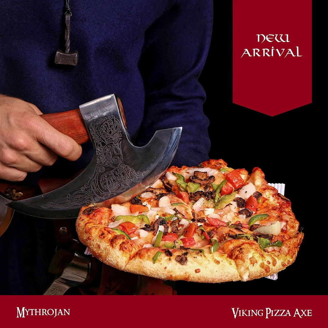 Mythrojan Hacha Vikinga para Pizza - Cortador de Pizza de Acero Inoxidable Forjado a Mano con Mango de Acacia Maciza y Funda de Cuero - Grabado Celta - Caja de Regalo - Imagen 15