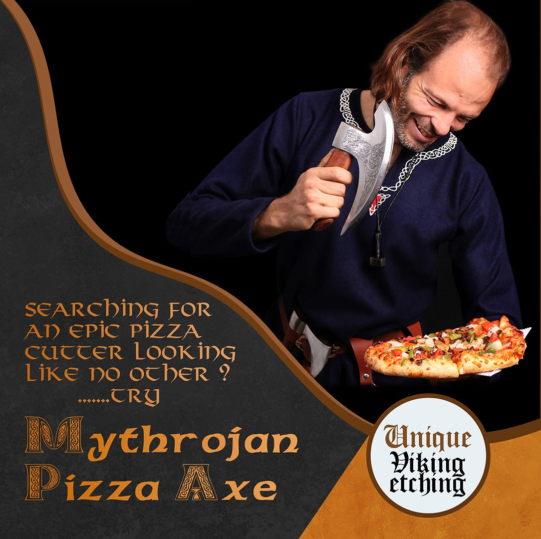 Mythrojan Hacha Vikinga para Pizza - Cortador de Pizza de Acero Inoxidable Forjado a Mano con Mango de Acacia Maciza y Funda de Cuero - Grabado Celta - Caja de Regalo - Imagen 13