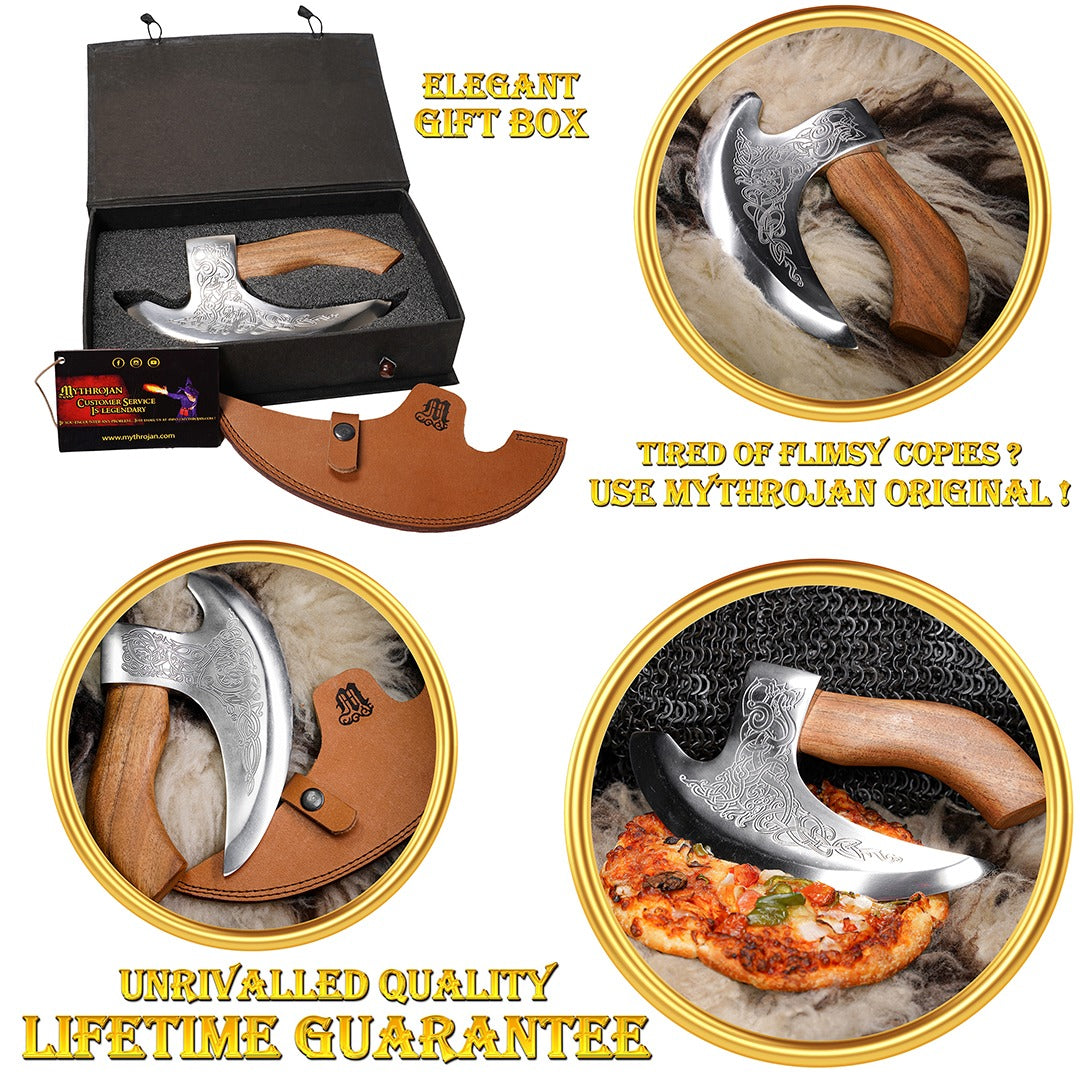 Mythrojan Hacha Vikinga para Pizza - Cortador de Pizza de Acero Inoxidable Forjado a Mano con Mango de Acacia Maciza y Funda de Cuero - Grabado Celta - Caja de Regalo - Imagen 16