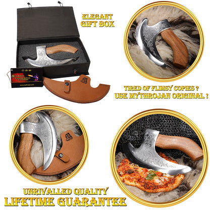 Mythrojan Hacha Vikinga para Pizza - Cortador de Pizza de Acero Inoxidable Forjado a Mano con Mango de Acacia Maciza y Funda de Cuero - Grabado Celta - Caja de Regalo - Imagen 16