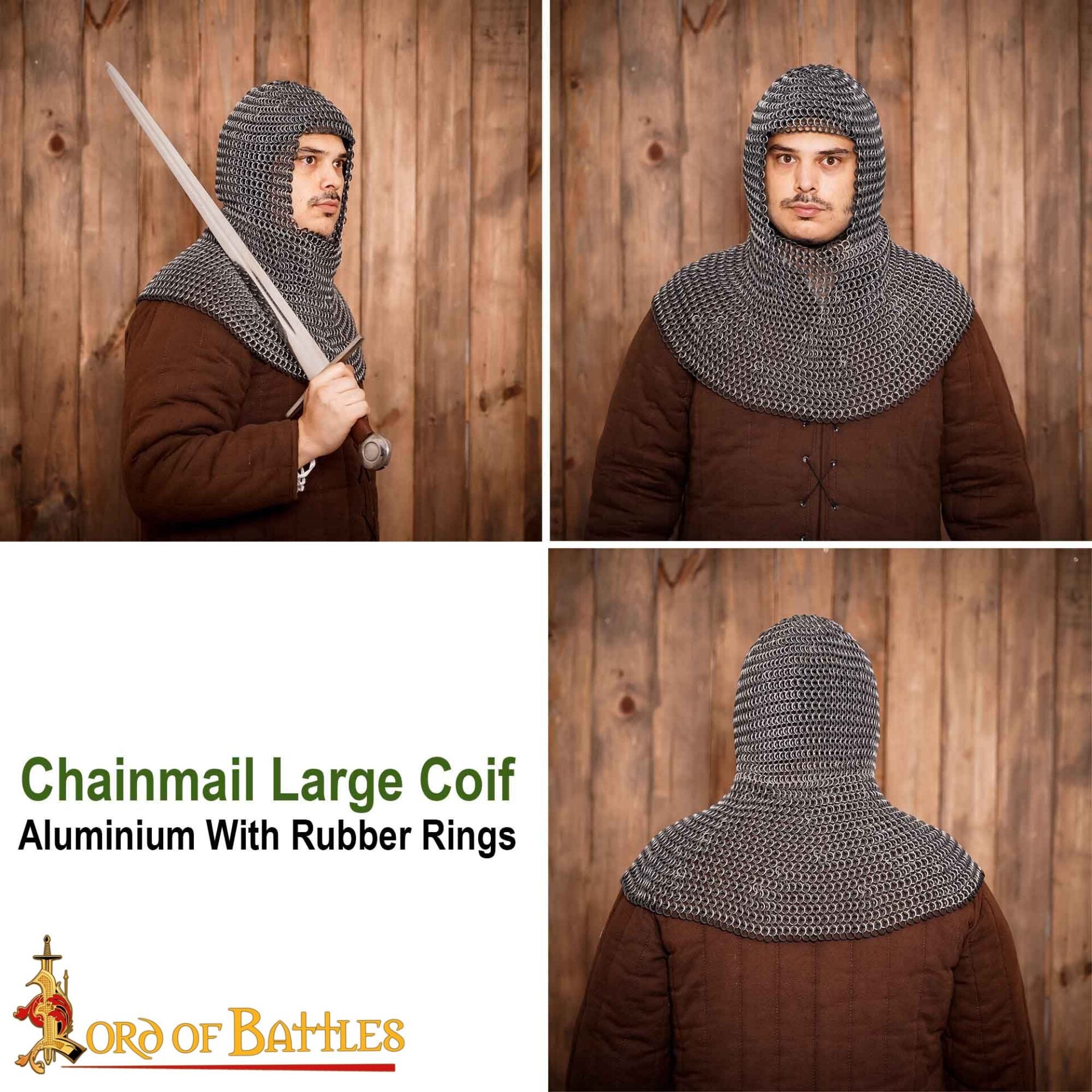 Cofia Medieval de Cota de Malla - 10mm Butted Round Aluminium & Black Rubber Rings 14 Gauge Lightweight Armor - Ideal For Larp & Film Costumes - Imagen 7