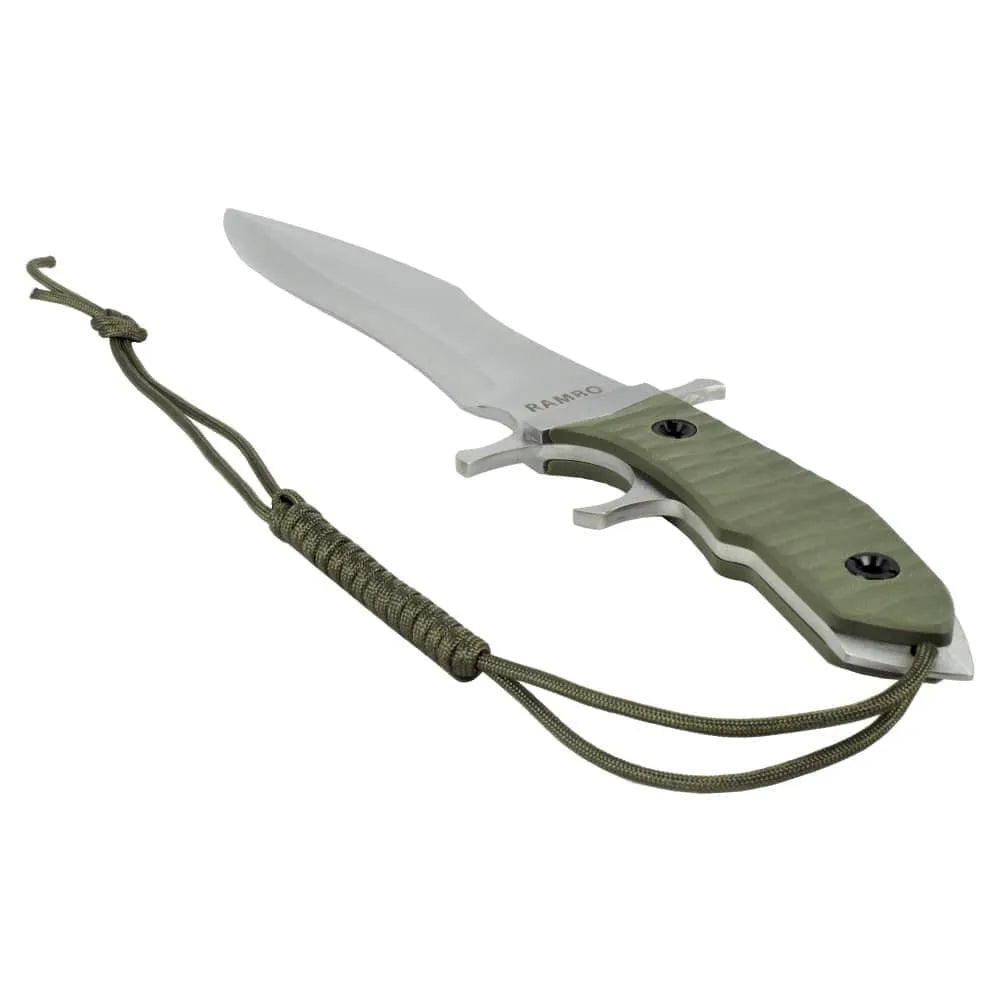 Cuchillo de caza réplica del de la película Rambo V con hoja de acero inoxidable, mango verde y cordón. Vendido por Espadas y más