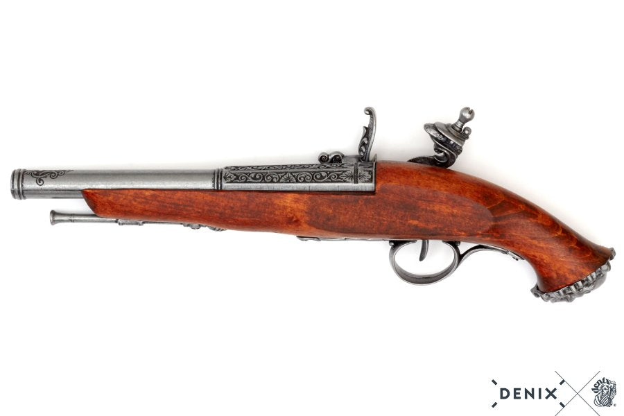 Imagen de réplica de una pistola pirata de chispa del S. XVIII.  no funcional parte de nuestra colección en Espadas y más, sitio oficial.