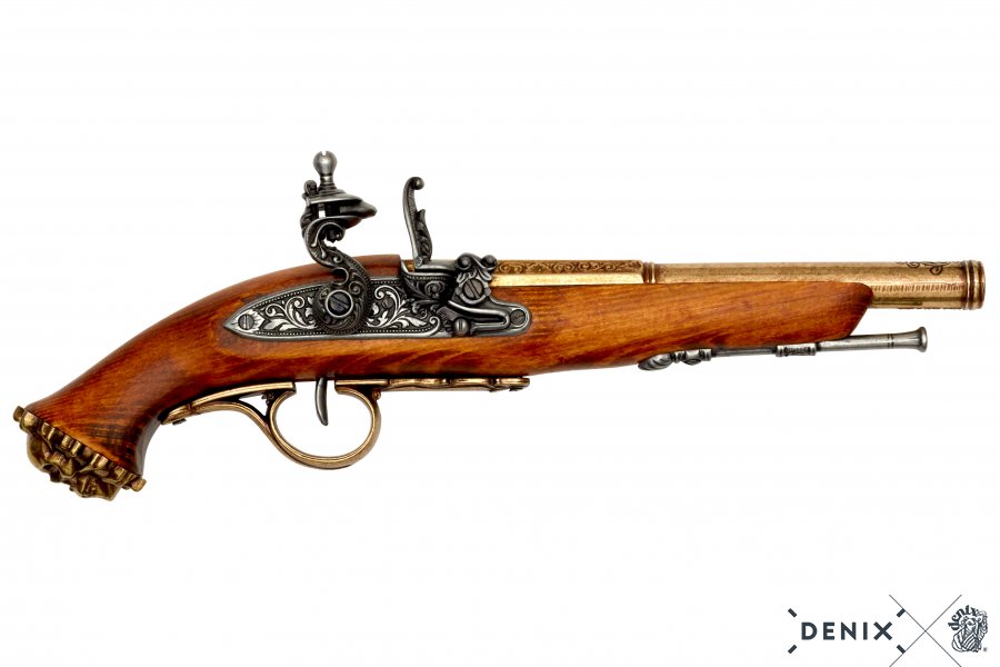 Imagen de réplica de una pistola pirata de chispa del S. XVIII.  no funcional parte de nuestra colección en Espadas y más, sitio oficial.