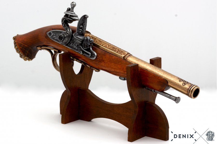 Imagen de réplica de una pistola pirata de chispa del S. XVIII.  no funcional parte de nuestra colección en Espadas y más, sitio oficial.