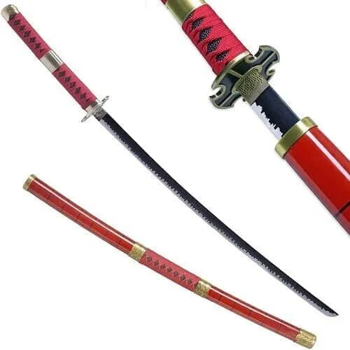 Katana Japonesa Sandai Kitetsu de Zoro de One Piece roja de gama alta con detalles en la hoja. Vendida por Espadas y más