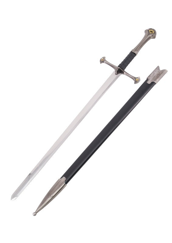 Espada Anduril de Aragorn de El Señor de los Anillos con vaina desenvainada y detalles de metal. Vendida por Espadas y más