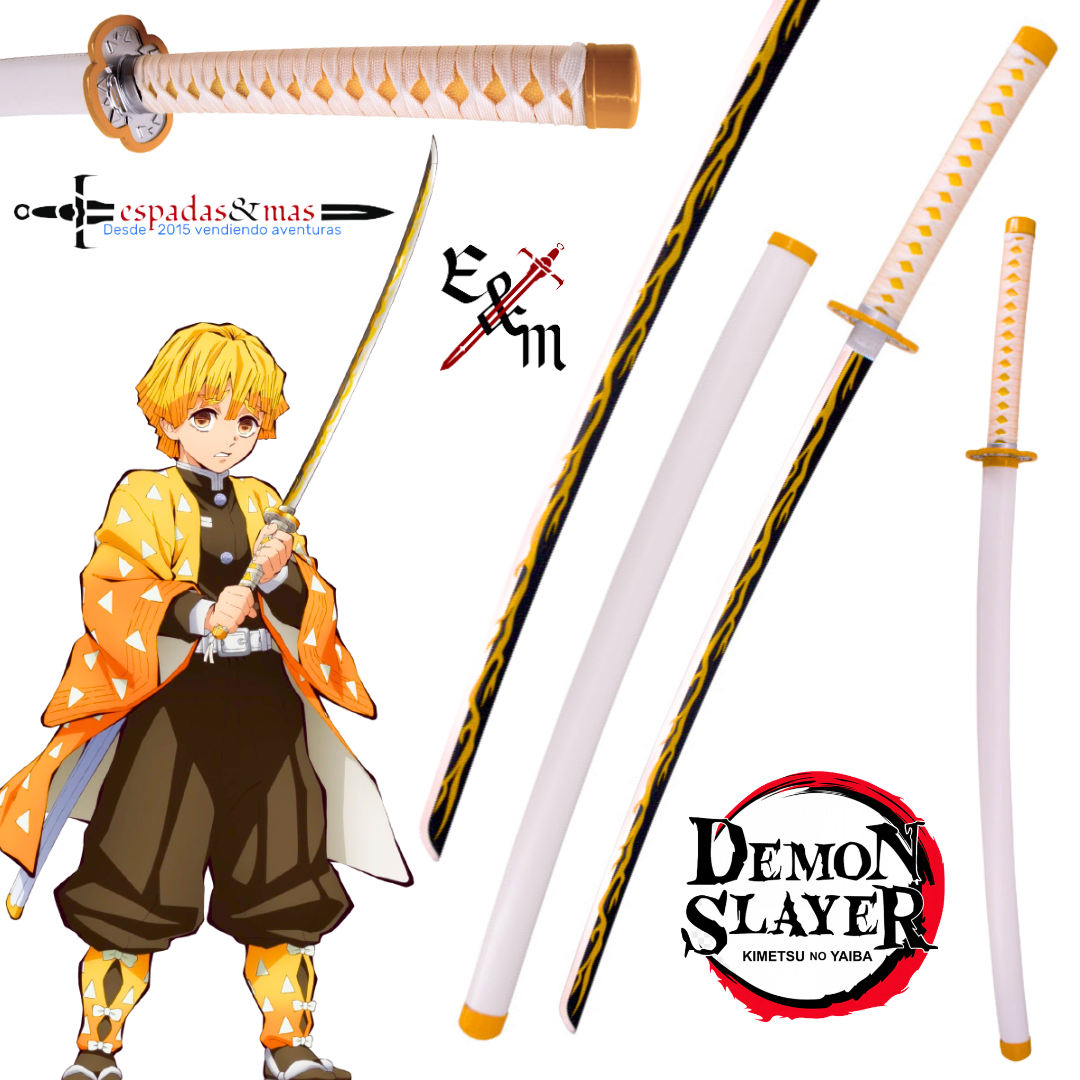 Katana de Agatsuma Zenitsu de Kimetsu no Yaiba (Demon Slayer) con saya blanca y tsuka blanca y amarilla. Vendida por Espadas y más