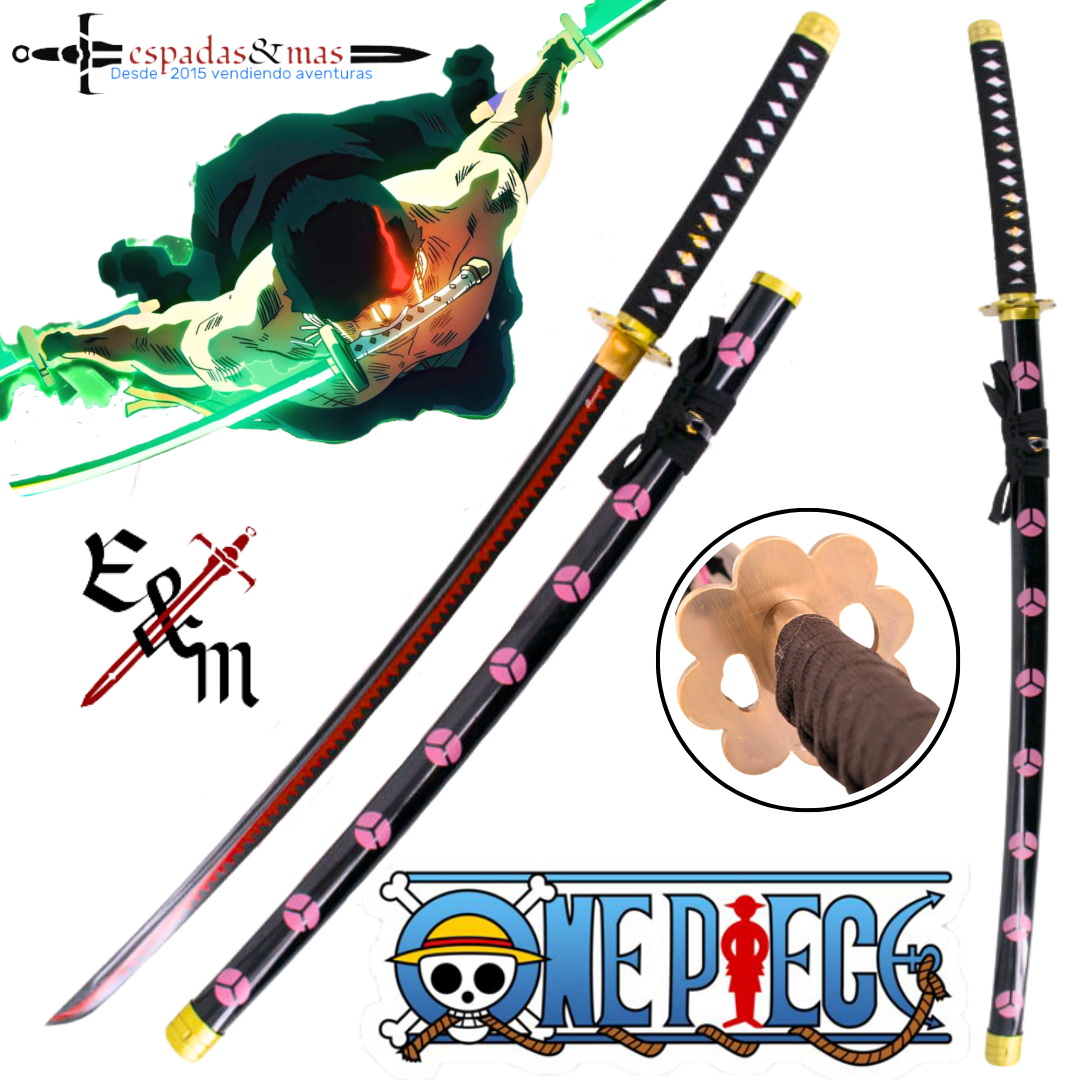 Katana Shusui de Zoro de One Piece decorativa de gama alta con saya negra y detalles rosados. Vendida por Espadas y más