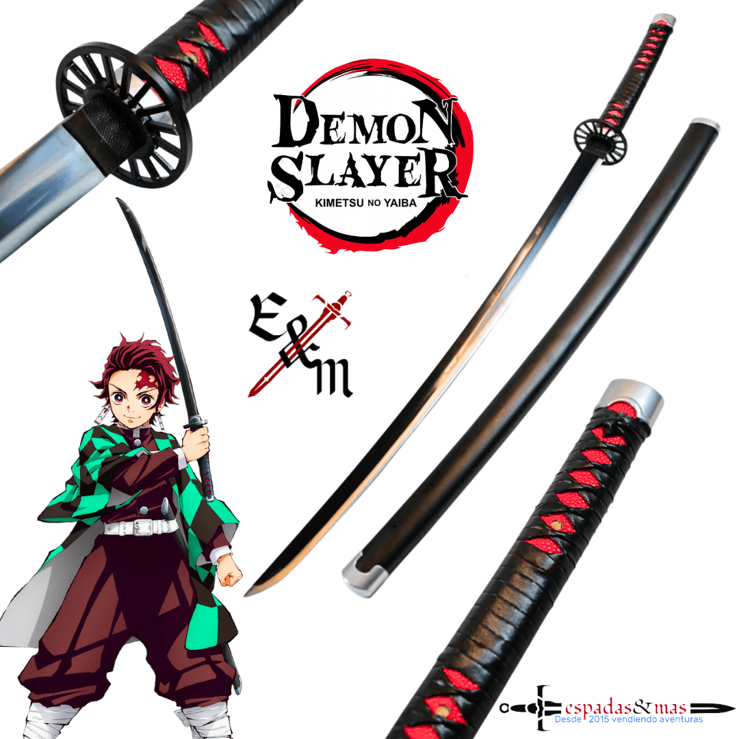 Katana de Tanjiro Kamado de Kimetsu no Yaiba (Demon Slayer) decorativa con saya negra y tsuka negra y roja. Vendida por Espadas y más