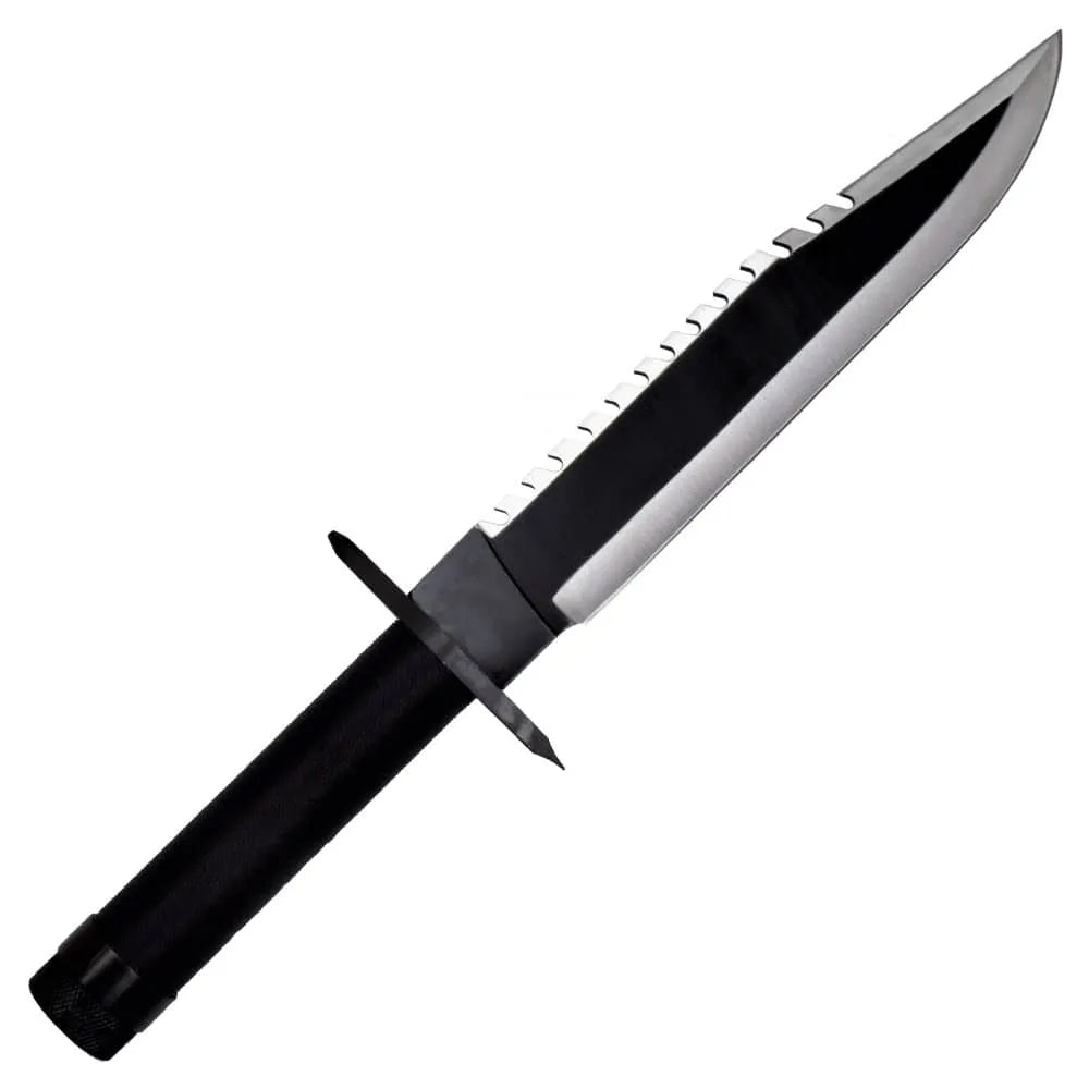 Cuchillo réplica del cuchillo de la Película Rambo con hoja de acero y palabras en el "habaki". Vendido por Espadas y más