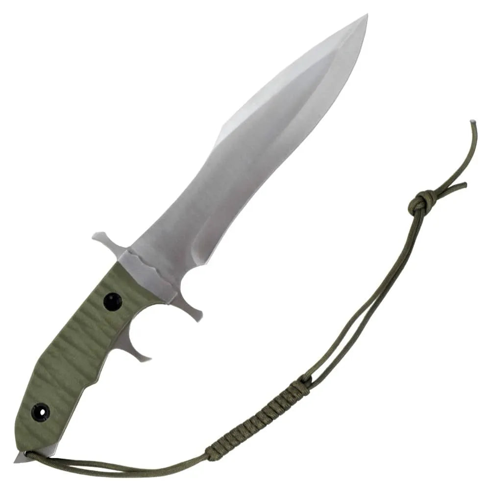 Cuchillo de caza réplica del de la película Rambo V con hoja de acero inoxidable y mango verde. Vendido por Espadas y más