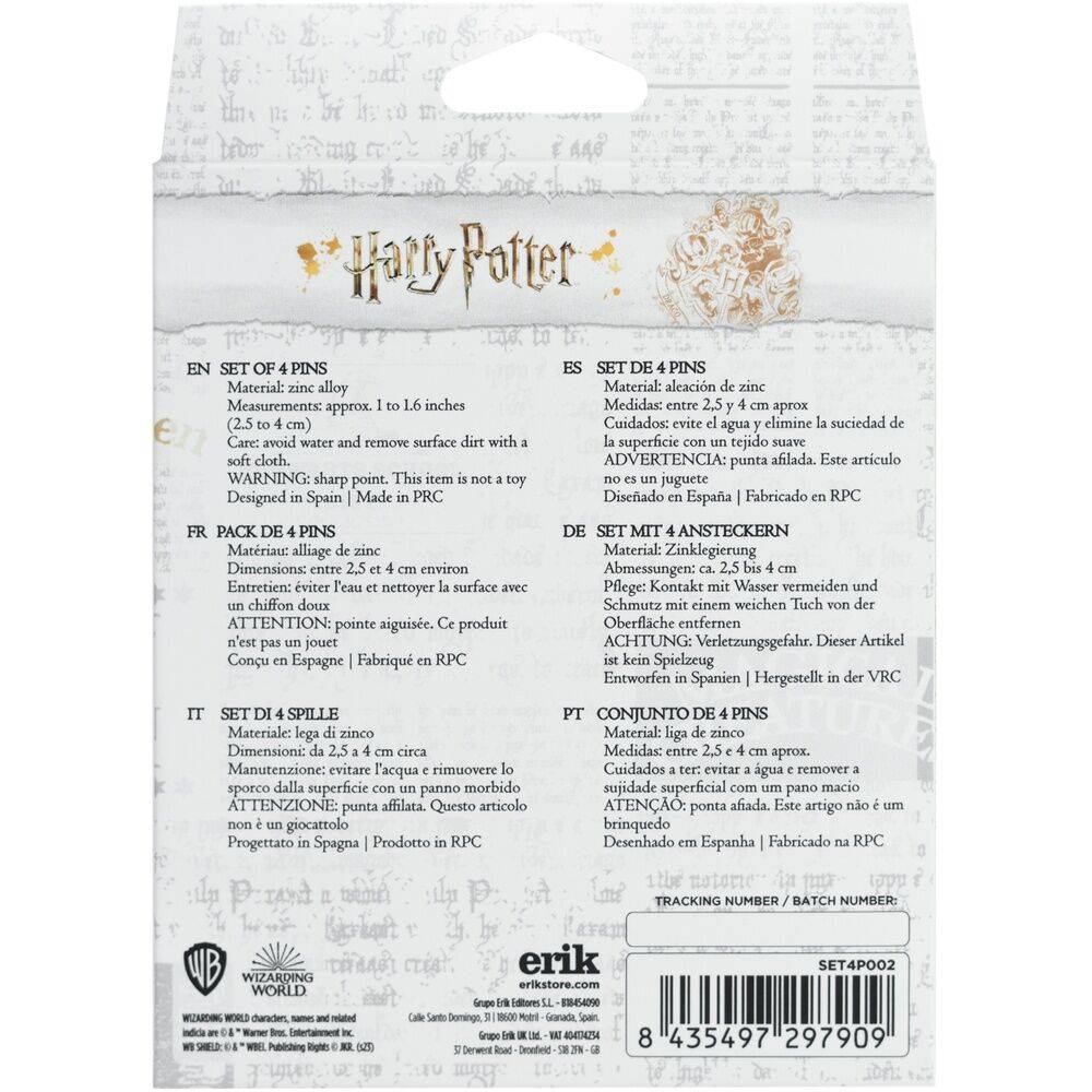 Imagen de Set 4 Pins Hogwarts Harry Potter parte de nuestra colección en Espadas y más, sitio oficial.