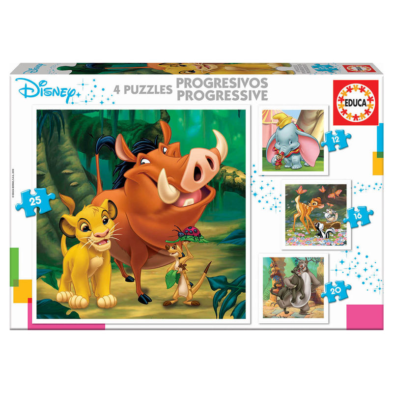 Imagen 1 de Puzzle Progresivo Dumbo + Bambi + El Rey Leon + El Libro De La Selva Animals Disney 12-16-20-25Pzs