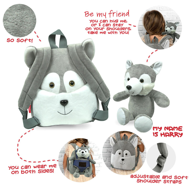 Imagen 2 de Mochila Reversible + Peluche Husky Harry 26Cm