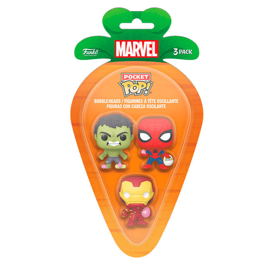 Imagen 1 de Blister 3 Figuras Carrot Pocket Pop Marvel Spiderman Hulk Iron Man