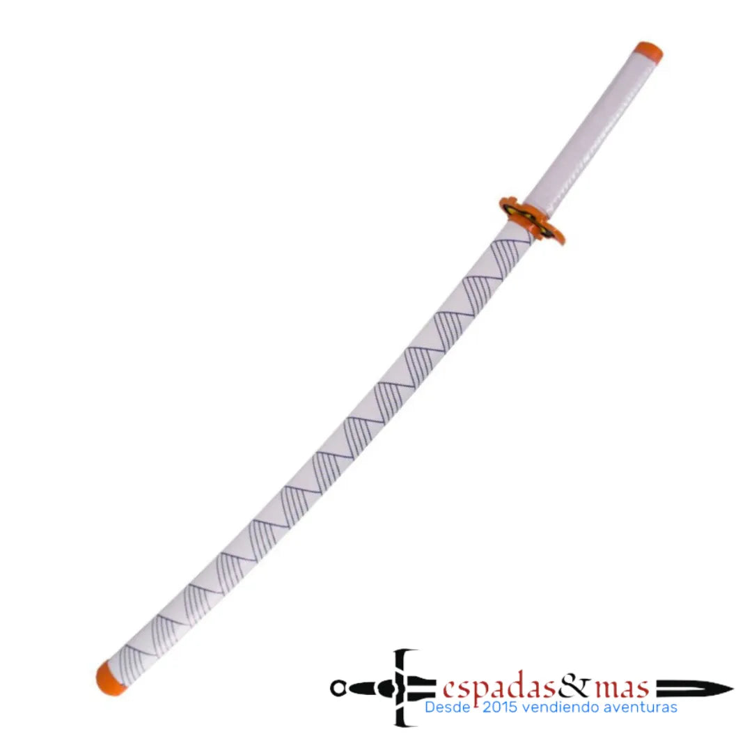 Katana de Rengoku Kyojuro de Demon Slayer (Kimetsu no Yaiba) como la del anime envainada. Saya blanca con detalles. Vendida por Espadas y más