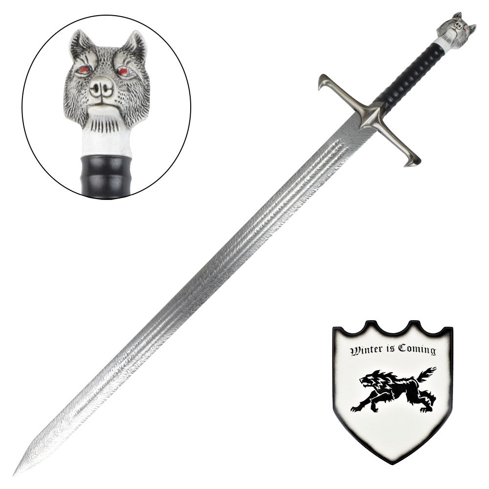 Espada Garra Longclaw de Jon Snow de Juego de Tronos con detalle de lobo en el pomo y escudo expositor. Vendida por Espadas y más