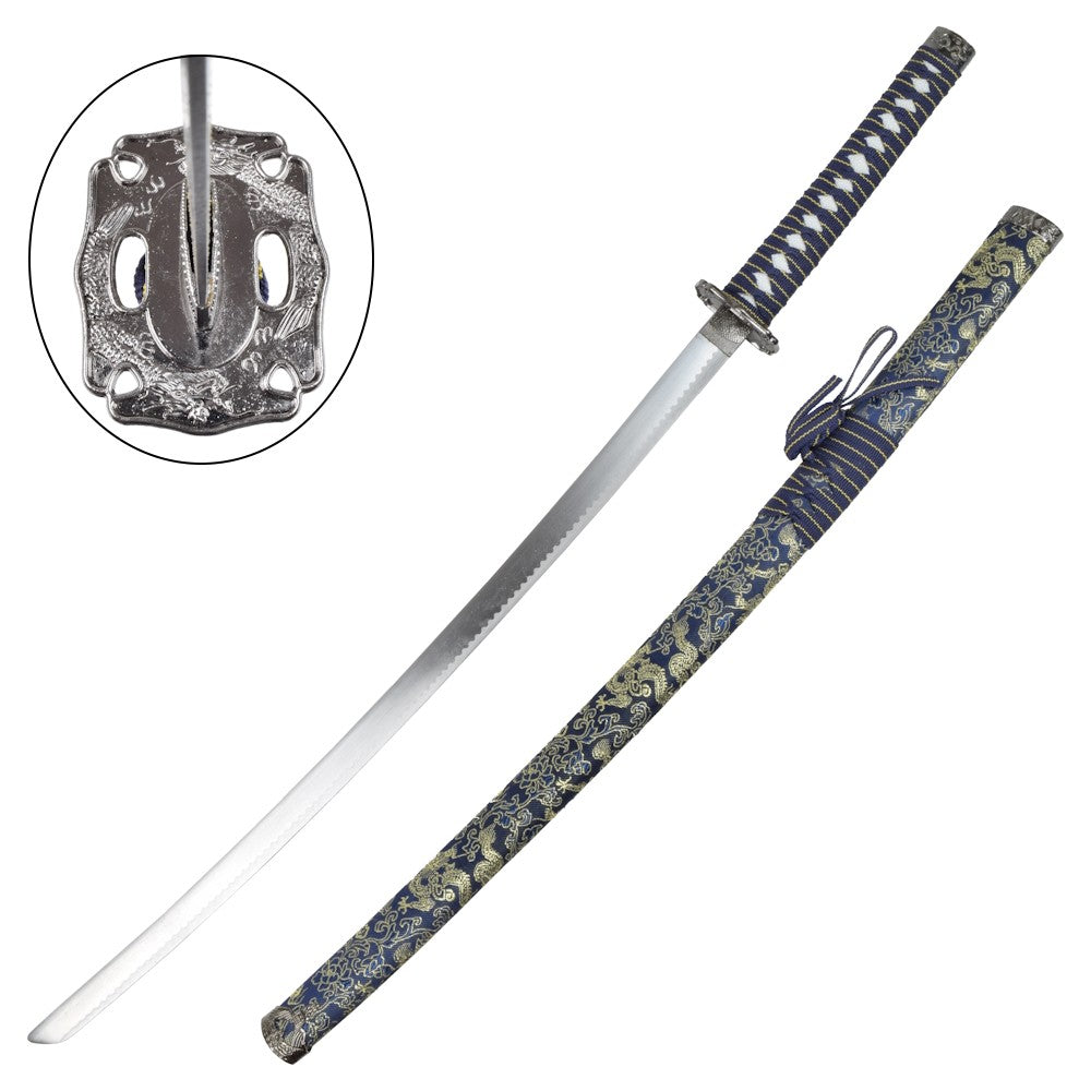 Katana samurai ornamental decorativa con saya de madera envuelta en seda modelo azul y tsuba metálica. Vendida por Espadas y más
