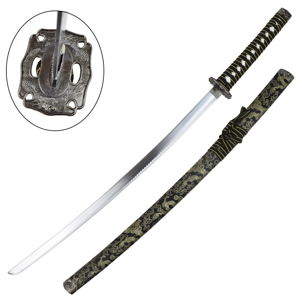 Katana japonesa ornamental decorativa con saya de madera envuelta en seda modelo gris y tsuba metálica. Vendida por Espadas y más