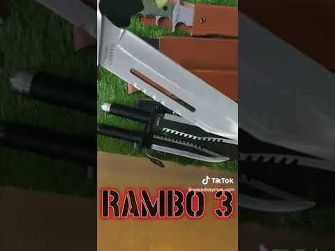 Video de los Cuchillos réplicas de las Películas de Rambo con Mango recubierto de cordura negro y hoja de acero. Vendido por Espadas y más